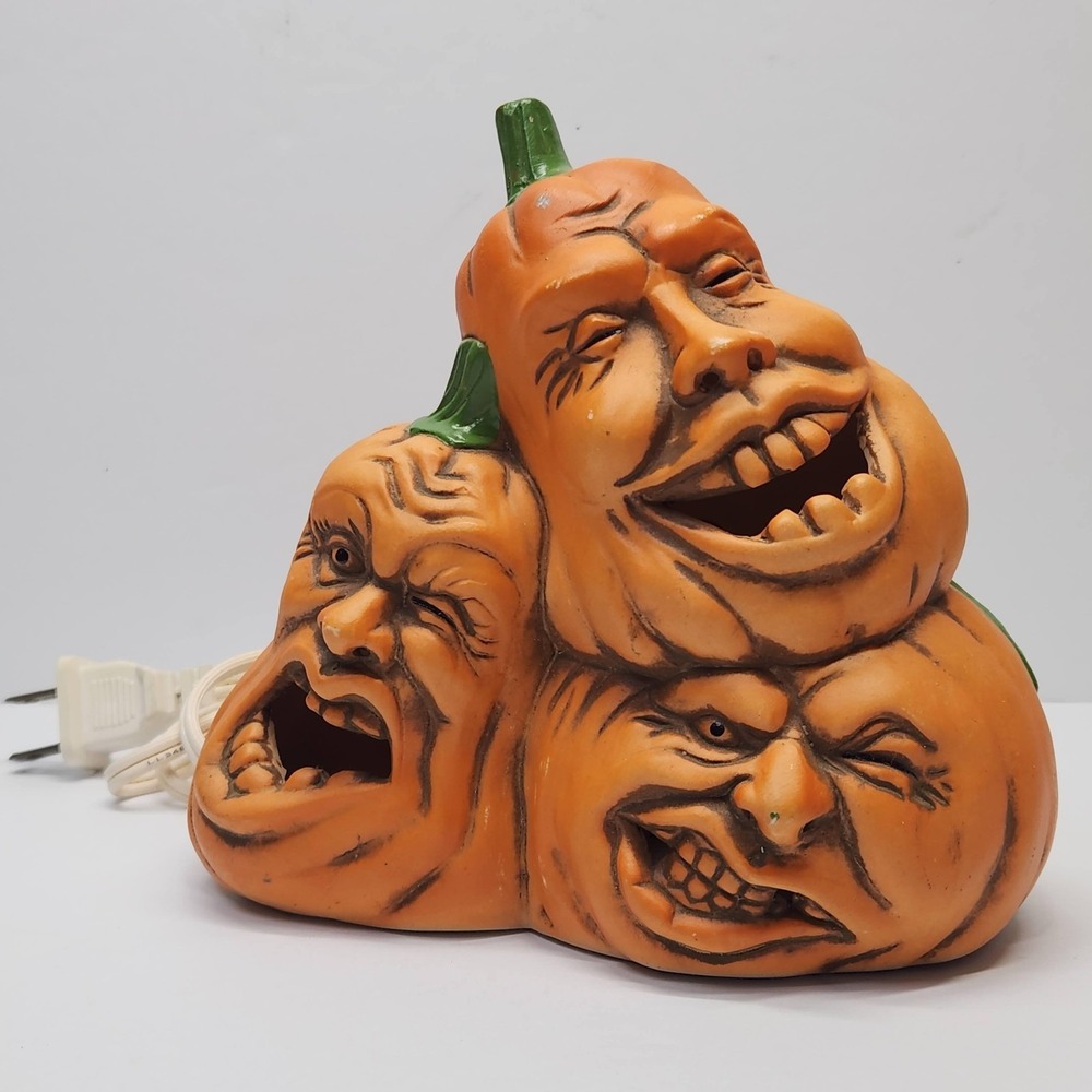Vintage Enesco Halloween Lighted Small Ceramic Pumpkins Orange Tested-Works